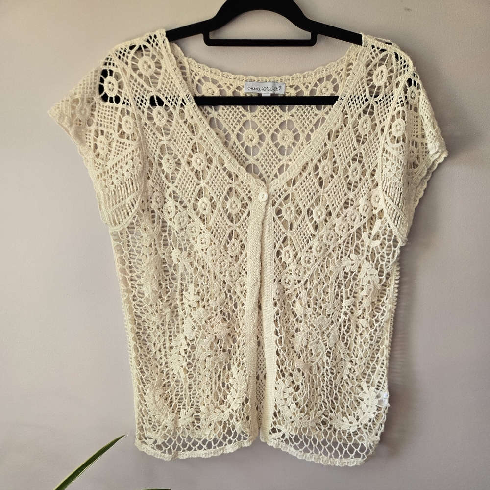 KEREN hart Ivory Crochet Knit Vest Cardigan Boho Cottagecore Medium